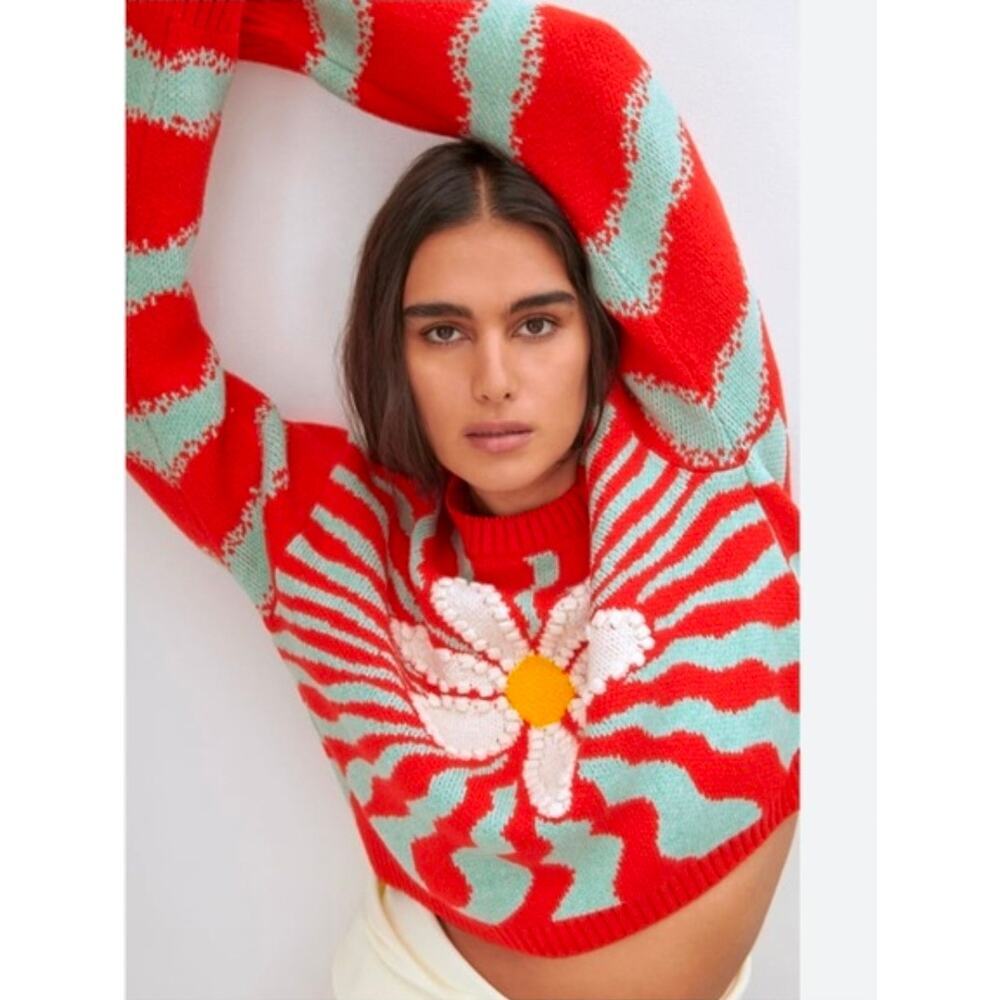 Zara Retro Jacquard Flower Knit Sweater in orange and teal blue. Size M.
